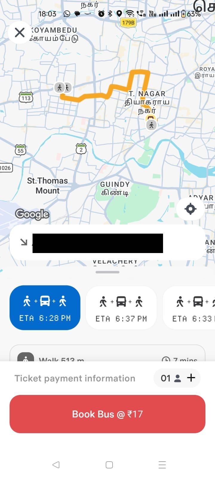 Chennai One route screen with swipeable ETA cards and a ticket-shaped booking sheet