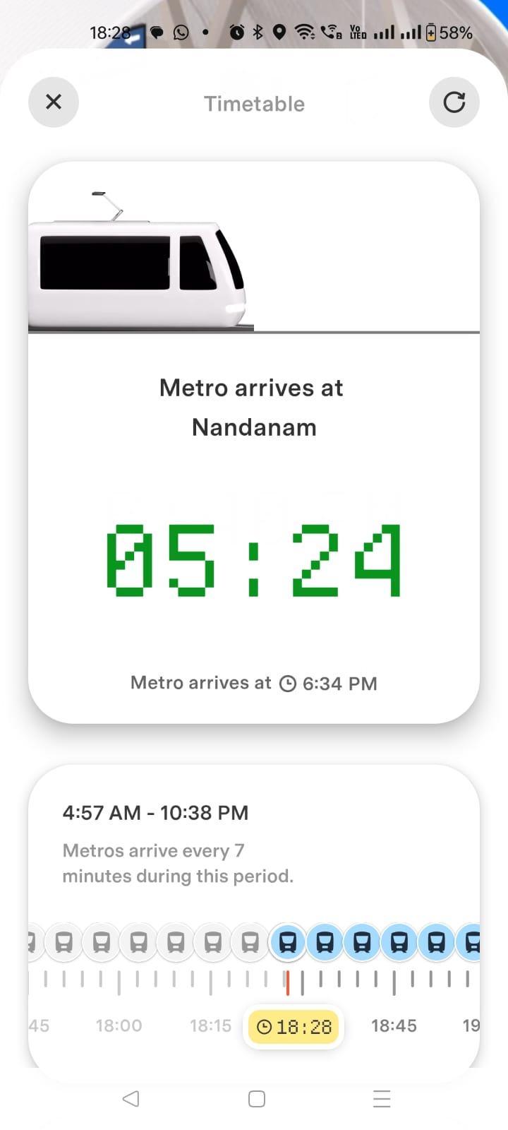 Chennai One metro timetable showing a live countdown to the next train
