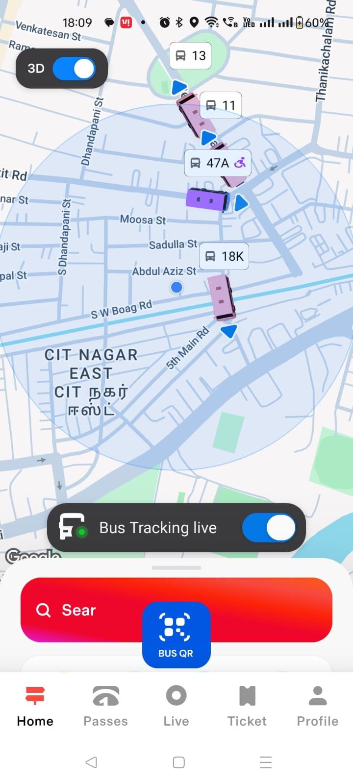 Chennai One live bus tracking on a map with a 3D view toggle