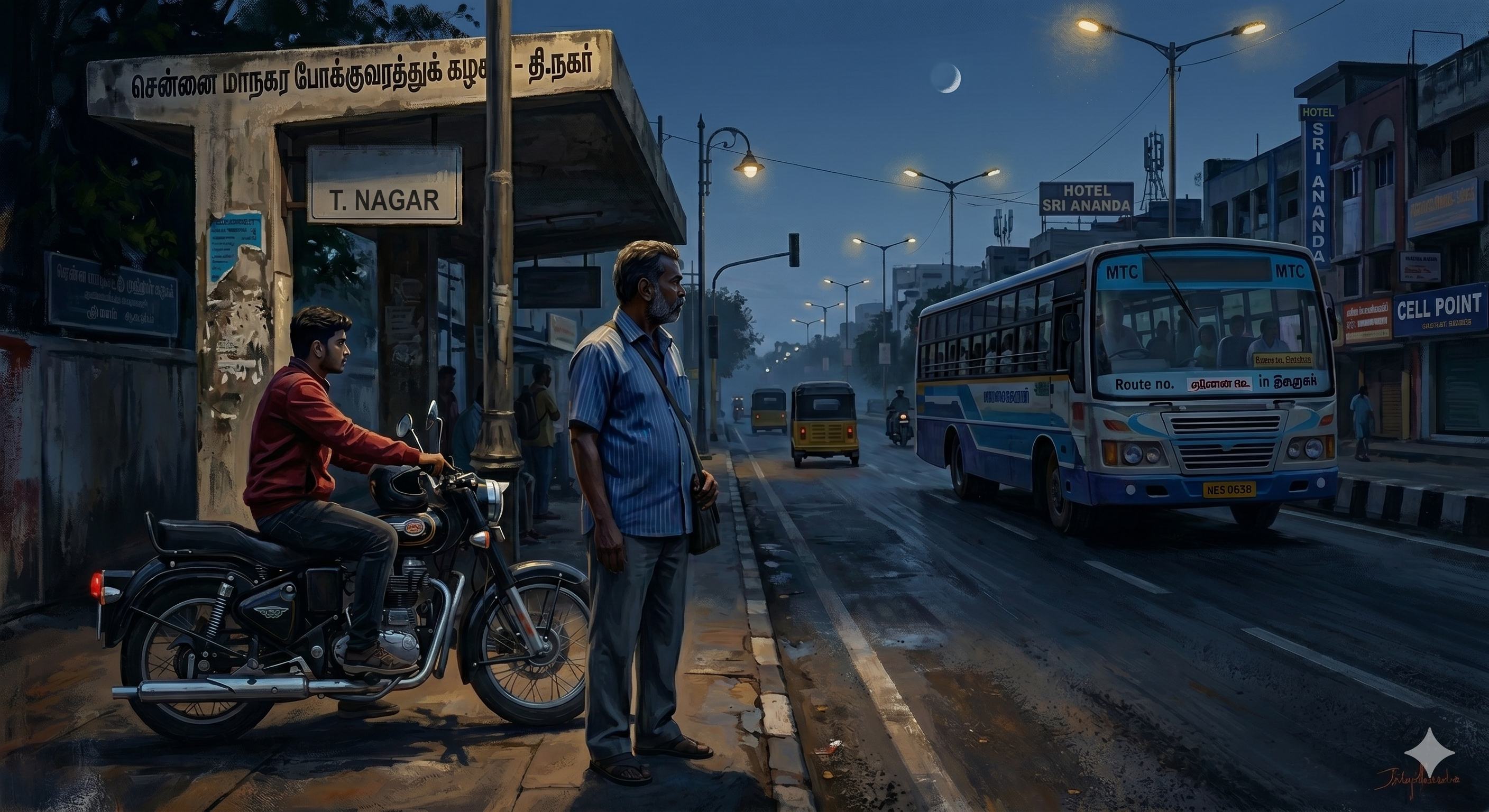 Pre-dawn at a T. Nagar MTC bus stop in Chennai, a father waiting, a son on a motorcycle, a bus approaching