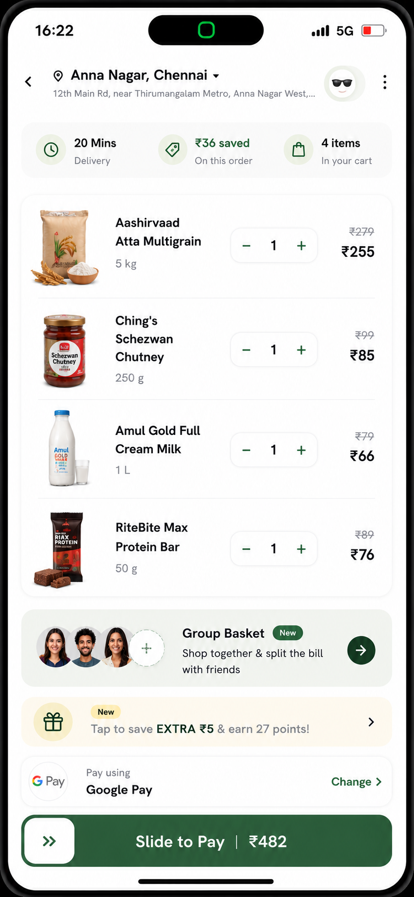 Grocery cart with a Group Basket entry point to shop together and split the bill