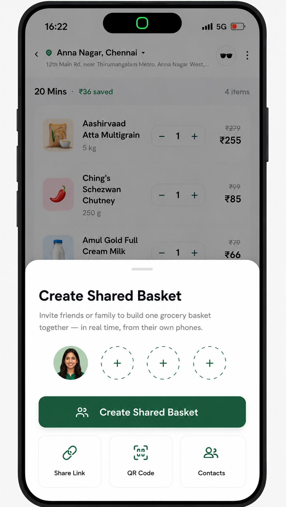 Create Shared Basket sheet with share link, QR code and contacts options