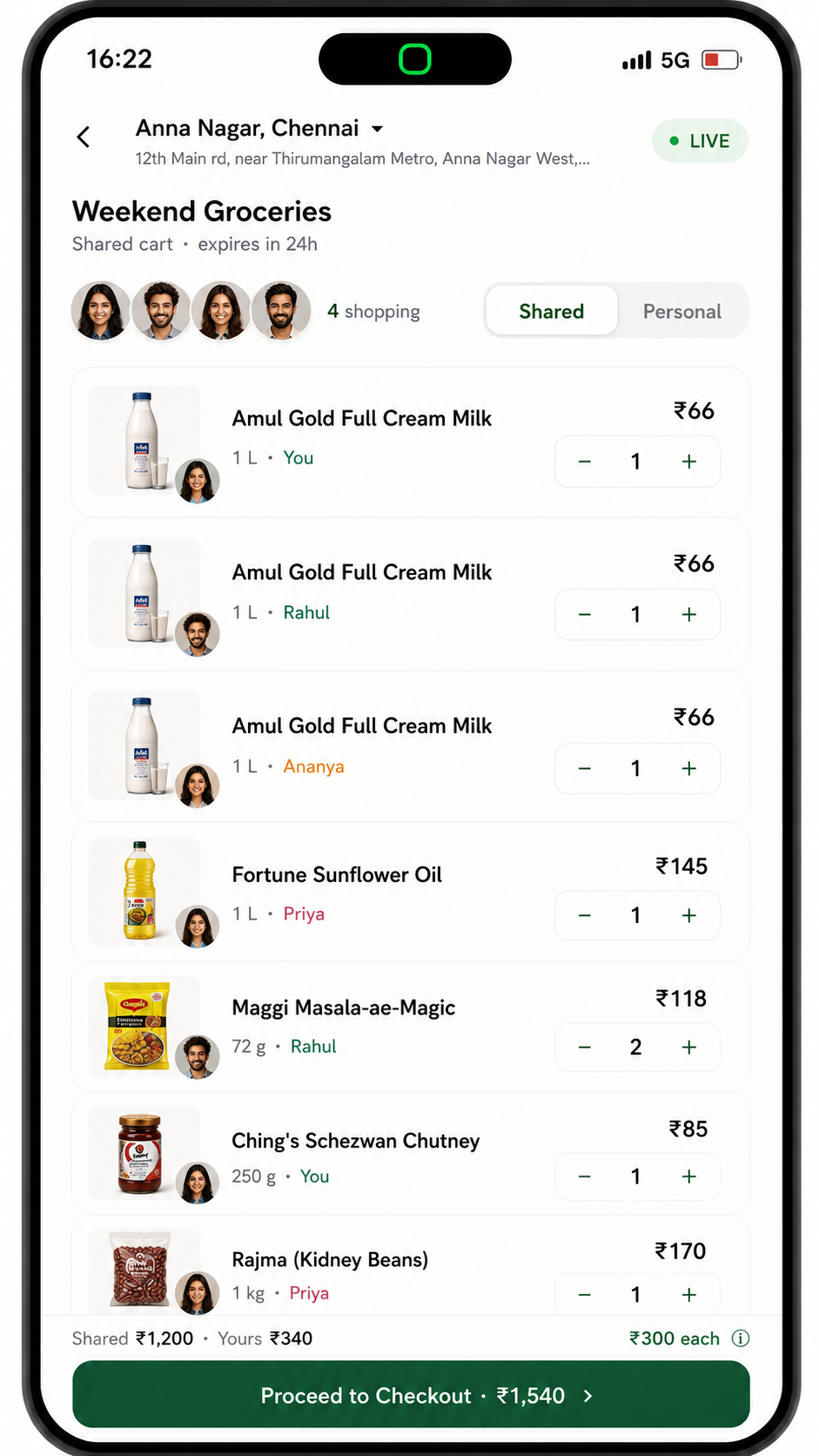 Live shared cart with items tagged by each flatmate, showing duplicate milk