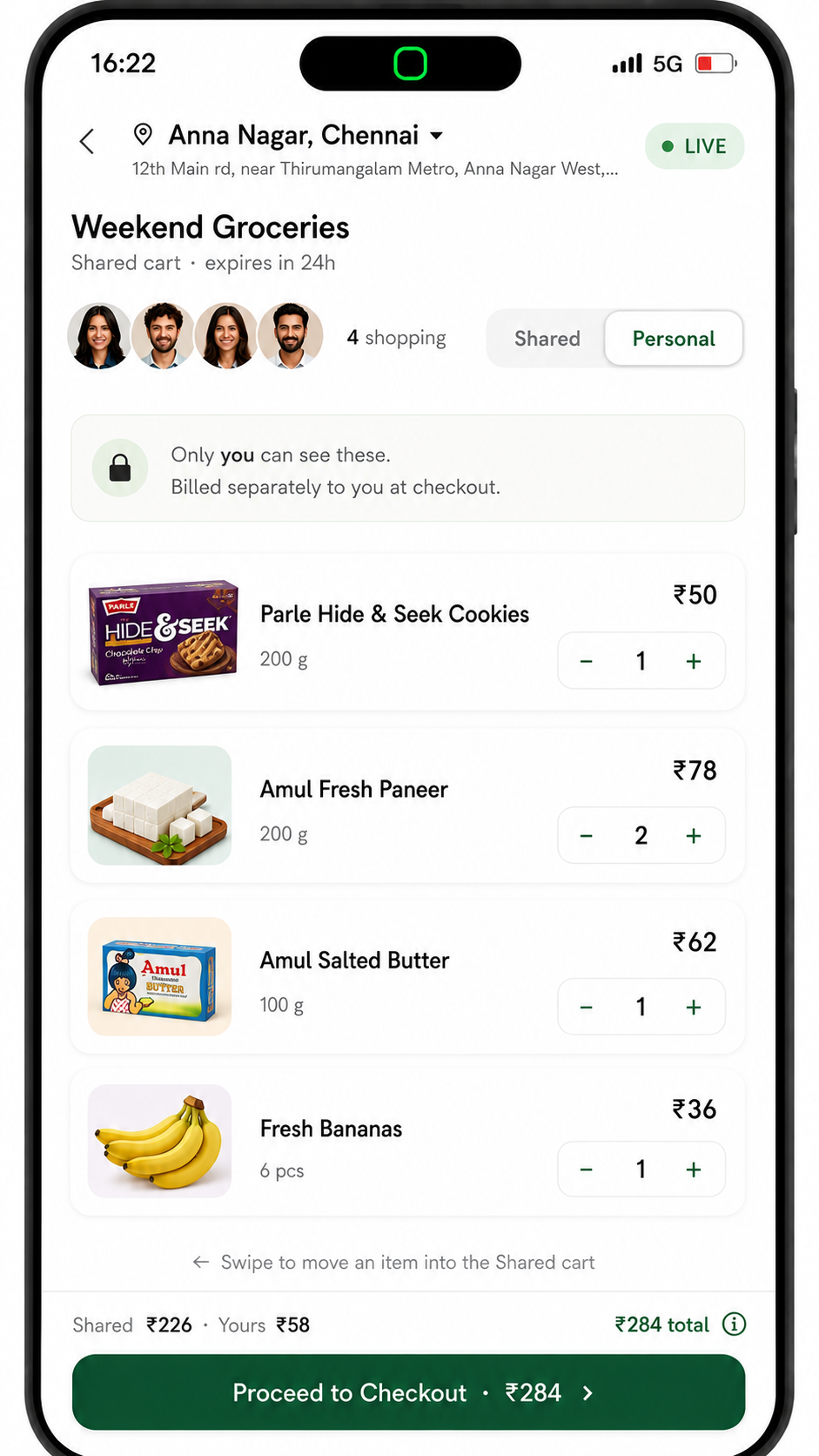 Personal tab keeping an individual's items private and billed separately