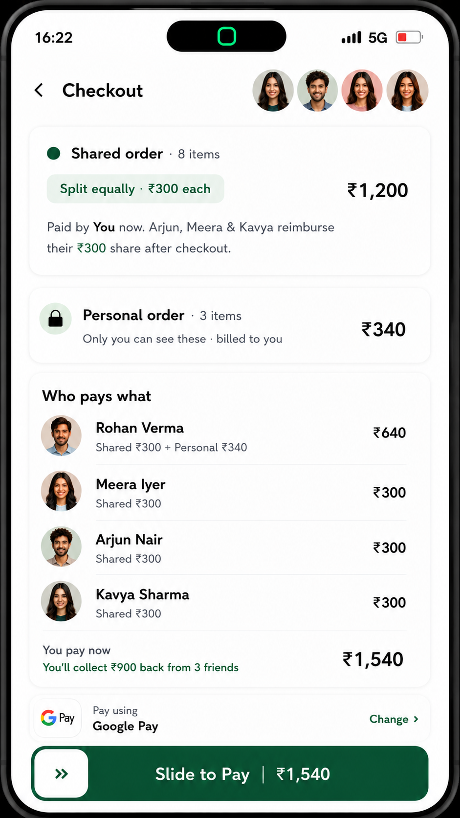 Checkout screen splitting a shared order and showing who pays what