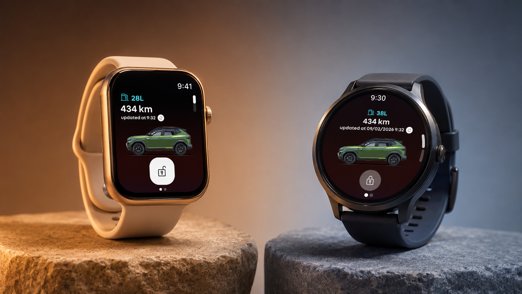 My Renault watch app shown on square and round smartwatches